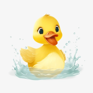 a stylish woodland cute yellow duck, adorable, in lake swimming, fluffy, shining eyes, smiling face, white background, 8k resolution, clipart