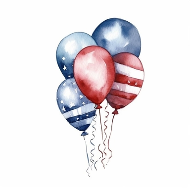 american flag party balloon clipart, white background, red white and blue colour tones, watercolour style