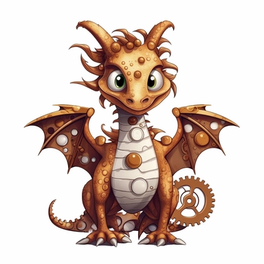 friendly dragon with cute eyes, standing up, in the style of steampunk, clipart, white background, lots of cogs,
