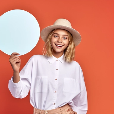 Camera shot from the bottom up, looking into the camera,cheerful young girl model, aesthetic fashion colors, solid background, negative space composition, studio lighting, professional photo, commercial clipart,holding a stick in her hand with a white cardboard circle for text