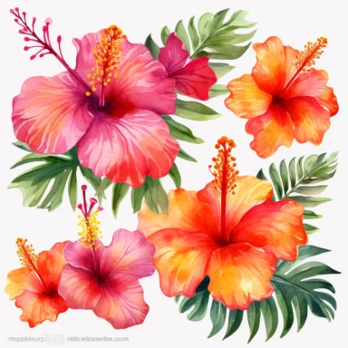 Watercolor Tropical Hibiscus Clipart by Thomas W. Schallerof: A vibrant and exotic design featuring tropical hibiscus flowers in shades of pink, orange, and red on a white background. The flowers are different-size and bold, while the leaves are thick and tropical, creating a lively and festive composition