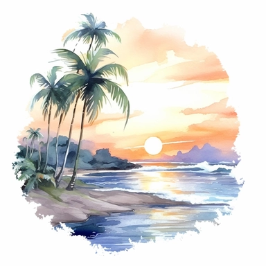 a magical beach between mountains, palm trees, white sand, sunset, broken waves, watercolor, clipart, white background,--v 5