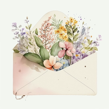 envelope full of spring flowers, light cheerful pastel colors, disney style, watercolor, kid illustration, white background, clipart, CMYK