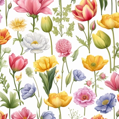 3D flora, flowers, Watercolor, vector, white background, clipart, Seamless patterns, repeating patterns design, flat illustration, outlined , Vector, 4K, Art station, digital print, highly detailed clean