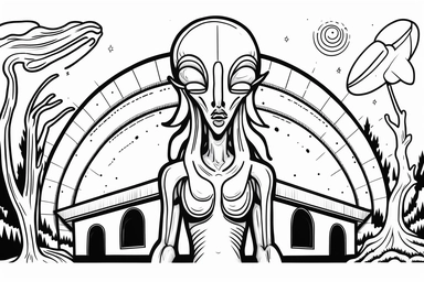make it an alien church Contour Drawing, in the style of line art coloring page for adults, entirely black and white only, vector drawing style, clipart, white background