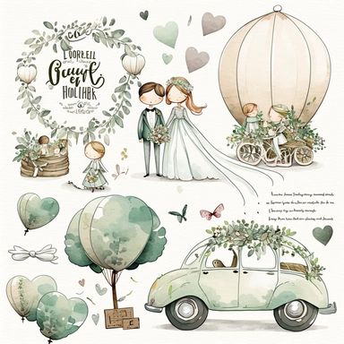 wedding rings tied with a ribbon , cute wedding illustrations clipart set, ILLUSTRATIONS FOR THE BOOK, cartoon elements, different variants, girl with long hair in a wedding veil, wedding, husband and wife Love , Hearts balloons , veil, garland, wooden elements, newlyweds are sitting on a wooden bench , on the wedding beautiful car, white transparent background separate elements with a margin Watercolor