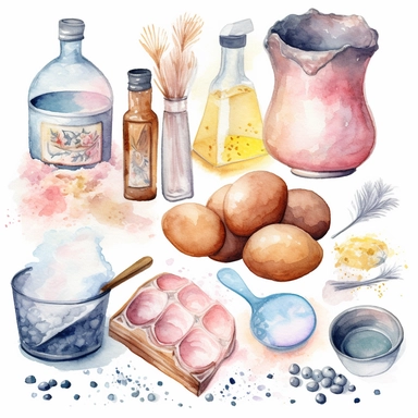 Design a watercolor clipart image of a set of baking ingredients, including flour, sugar, and eggs. Use pastel shades of pink, blue, and yellow to create a soft and inviting palette, and include plenty of texture and detail to make the ingredients look tactile and realistic, white background