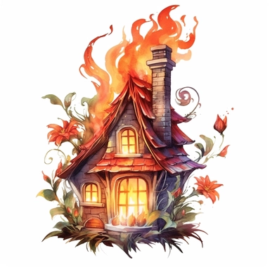 watercolor cute fire fairy flower House , wings, flame around, detailed, hd, clipart