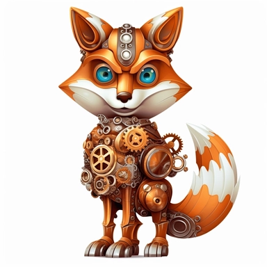 friendly fox with big cute eyes, standing up, in the style of steampunk, clipart, white background, lots of cogs