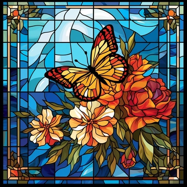 stained glass clipart of one butterfly and flowers, vincent van gogh style