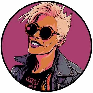 Jamie Hewlett's circular tondo depicting an older aging weathered Mad Max Tank Girl, female warlord Jamie Lee Curtis, wearing sunglasses and with pink hair, Mike Allred Josh Kirby Dungeons & Dragons Lord of the Rings, handpainted enamel punk zine indie retrowave, clipart illustration, solid background