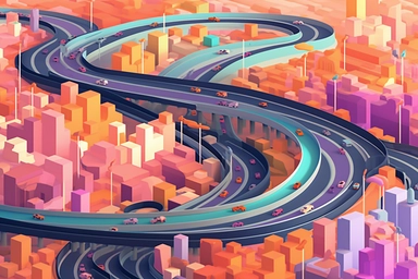 a close up of a infinite loop highway on a white background, james gilleard and james jean, escher, trending on artisation, connectedness, scutoid, mit technology review, by Sam Spratt, dan mcpharlin : : ornate, wormholes, tetris, monolithic, stylized stl, clipart icon, simple 4 colors from gray to metalic blue, vector-based, sharp border, plane color and very define, high quality, digital art, 8k resolution, masterpiece, congruent, amazing, incredible, awe-inspiring, mind-blowing, masterful, in
