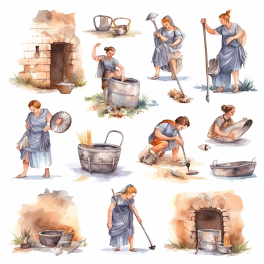 Watercolor roman people performing daily tasks , illustrations clipart set, simple, , cartoon elements, different variants , , marble elements, separate elements with a margin