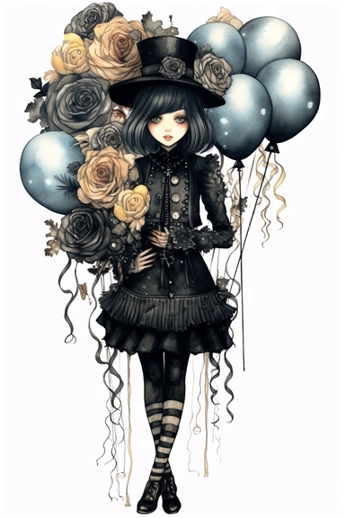 watercolor mixed media goth steampunk girl entire body in goth steampunk birthday bouquet illustration clipart by holly hobbie