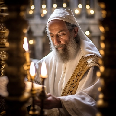 professional close-up photo taken from above when a 50-years-old (grey-bearded) Jewish kohen in classic white abaya is reading (Torah scrolls) in the Temple of the (ancient) Jerusalem in the time of Jesus, unscrolled scroll, gold ornaments on walls, menorahs, focal length 200mm, Canon, real photo, hyper realistic, high quality, high detailed, Realistic, 4k, 8k, ultra detailed, cinematic lighting, natural blur, photorealism, cinematic rendering, ray tracing, highest quality, highest detail, Cinem