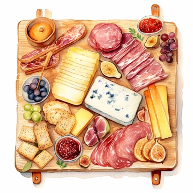 Watercolor charcuterie platter with salama pastrami jambon sausage ham crispy breadsticks sauce cheese nicely placed along with cheese on a very large wooden flat plate or cutting board, illustrations clipart set, simple, soft colors, cartoon elements, different variants, cheese from around the world, wooden elements, separate elements with a margin
