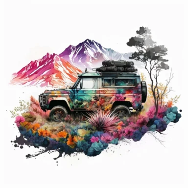 water color offroad floral decorated adventure car 4*4 vehicle truck between high mountains and trees and flowers, vivid colors, sunset, clipart, hd, white background