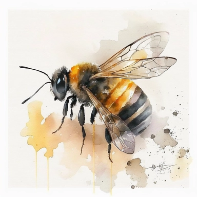 Envision a charming watercolor clipart capturing the essence of a honey bee. The bee is portrayed with delicate brushstrokes, showcasing its vibrant yellow and black stripes, as well as its translucent wings in graceful flight. The watercolor technique adds a touch of softness and depth to the artwork, with gentle blends of warm yellows, earthy browns, and hints of shimmering gold. The bee is depicted in a natural setting, surrounded by blossoming flowers painted with lively, vivid colors, refle