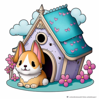 clipart with white background of a doghouse in the style of kawaii, fantasy and mystical
