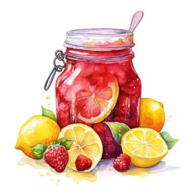 watercolor jar of strawberry jam with lemons lying around it clipart on white background