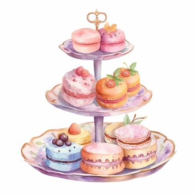 Clipart, Watercolor, Boho tier candy tray with cakes and sandwiches, pastel color, hand-draw, texture