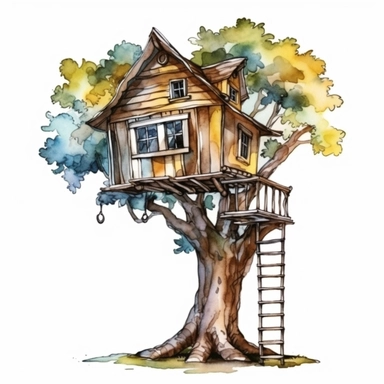 watercolour treehouse clipart illustration, on an isolated clean white background, with black ink outline and black border, cut out
