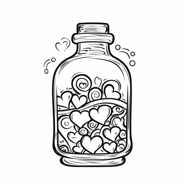 heart in a bottle, coloring page for kids, Maritim, 2d, simple, vector monochrome,simple Vector Line Art, white background, easy to color, cartoon, clipart, children’s drawing,low details, a4, 8k, white background