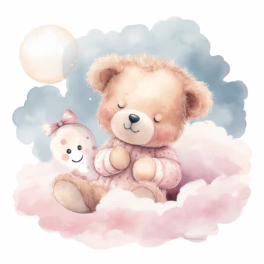 clipart, a whimsical illustration of a contented, loving and angelic baby teddy bear holding ababy pacifier/dummy on it's mouth, wearing pajamas, surrendered by pink fluffy clouds, Use a smooth and light watercolor technique to give the artwork a dreamy and ethereal quality