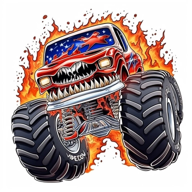 cartoon monster truck in an american flag clipart isolated on a white background flames coming out of the back