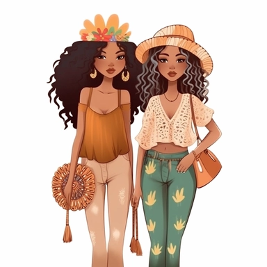 boho Best Friends Clipart, beautiful African American Girlfriends, full body, fashion, pretty face no text, no watermark white background