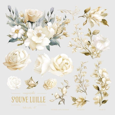 Create an exquisite collection of ultra-detailed white and gold floral clipart, showcasing the elegance of watercolor techniques. The clipart should capture the delicate beauty of white flowers with hints of gold accents, adding a touch of opulence and sophistication. Incorporate a variety of floral elements such as roses, peonies, and lilies, each meticulously painted to showcase intricate details and lifelike textures. Design the clipart with a focus on wedding themes, ensuring that it can be 