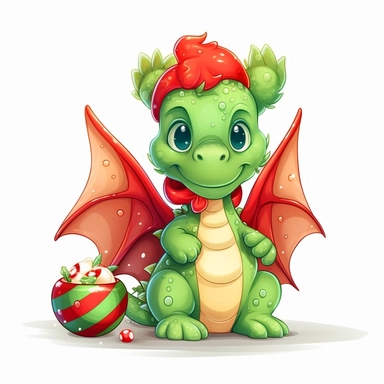 cute funny avocado green dragon, christmas tree with toys, red cardigan, snow, winter, style by Lusy Fleming, folk art, watercolor, clipart elements, smooth gradients, black contour outline, ultra detailed, white background, super clear, high quality
