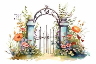 Garden Gate: Design a clipart featuring a watercolor garden gate adorned with climbing flowers, inviting viewers to enter a blooming sanctuary during their midjourney through spring.,style of Anna Süßbauer and Jon Klassen,vector,white background,masterpiece, trending on Artstation and Dribbble.