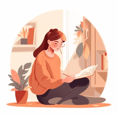 vector design, image of a woman, taking her final education exam with a book, flat modern illustration, clipart, white background, nature study, in the style of warm color palette, natural pastel colors, orange and pink prevail, object portraiture specialist, animated illustrations, by atey ghailan