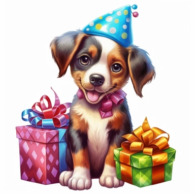 clipart style realistic looking happy puppy wearing a party hat with birthday presents full body sitting up, transparent background