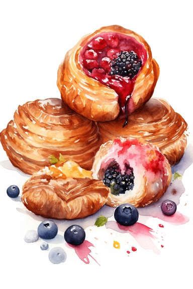 danish pastries with watercolor topping, clipart, hd, offset white background