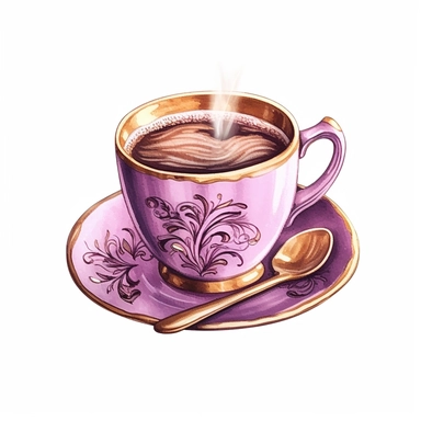 black coffee, in the style of watercolor illustrations, pink and gold, soft lilac, serenity and harmony, various stroke techniques, on white background, clipart, very detailed, Cartoon,hyper realistic, intricate detail, illustration style,high solution,on the white background