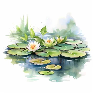 watercolor lily pads on a scenic pond clipart, white background
