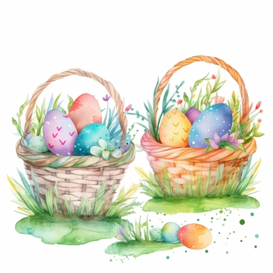 Whimsical Easter baskets with colorful eggs, grass, and ribbons, with intricate patterns and colors, watercolor png clipart on a white background