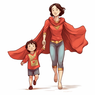a comic-style, clipart image (floating image), full body image of a asian mother and child duo where the child is the superhero's sidekick, the hands should be correct and not missing digits, wearing super suits