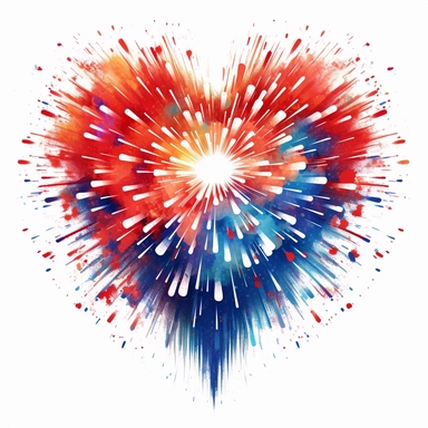 Fireworks Heart Shape: Design clipart showcasing fireworks arranged in the shape of a heart. Incorporate vibrant colors and intricate details to create a visually stunning and love-themed firework design. patriotic pattern, stars and stripes, red white and blue, delicate detail, watercolor, in the style of artgerm, 2d game art, quadratura, clipart, on white background,