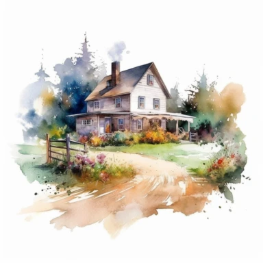beautiful rustic watercolor farmhouse in the summer, clipart, digital art, concept, 4k