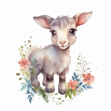 a standing baby horned goat with cute big eyes, happy smiling face, cute animal, adorable, playful atitude, adorable watercolor animal clipart with a few plant and flower decor, no background, high quality