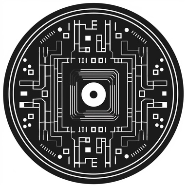 small circular icon, contains lines of code, black and white, greyscale clipart