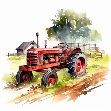 watercolor red tractor on farmland clipart