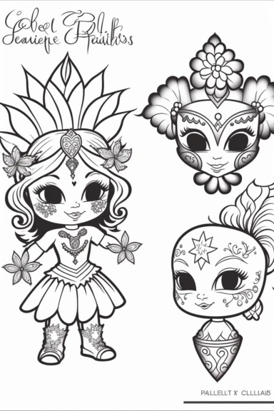 A design featuring traditional cuute Mardi Gras symbols such as cute fleur-de-lis and cute masks, Coloring Book for toddlers, white background, black and white, [clip art]