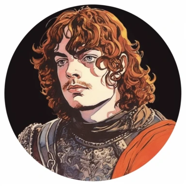 tough young Persian Irish Roundhead Puritan knight, Josh Kirby Mad Max Lord of the Rings, enamel punk zine indie, clipart illustration, circular solid background, circular border