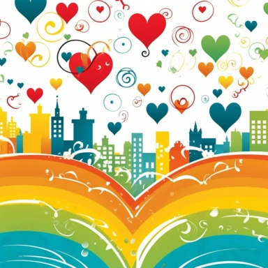 bright yellow background wallpaper seamless image, with colorful blue green red orange clip art Austin skyline, clip art hearts and music notes