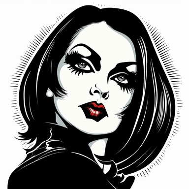 Illustrate a clipart image showcasing a goth woman with radiant eyes that shine brightly. Use a rich and diverse color palette to enhance her appearance, and ensure the image is detailed and crisp. The background should be pure white