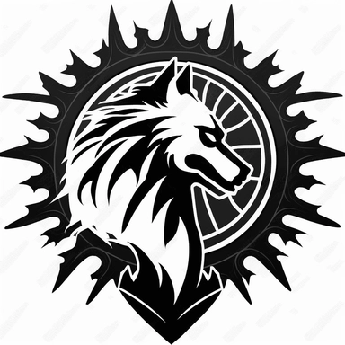 icon clipart of a dire wolf head and a sun in the back black and white as a mandalorian signet from Star Wars